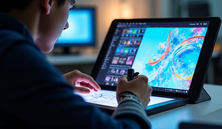 Student using a drawing tablet for digital illustration practice